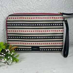 Fossil Clutch Coated Canvas Black Pink Cream Striped Leather Pulls Pouch Bag